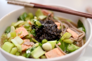Salmon soba soup with sesame paste 